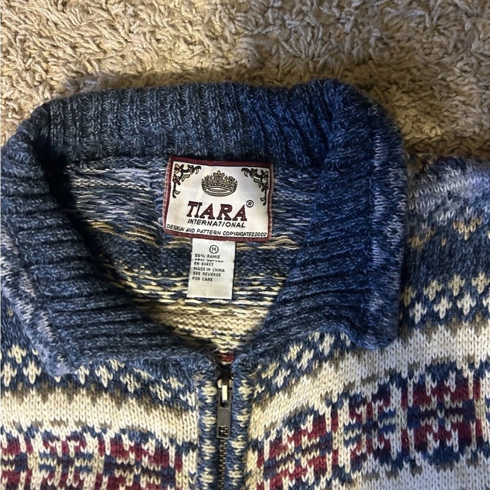 Vintage Tiara International Fair Isle zip cardigan sweater - Blue, Women's M - Picture 2 of 4